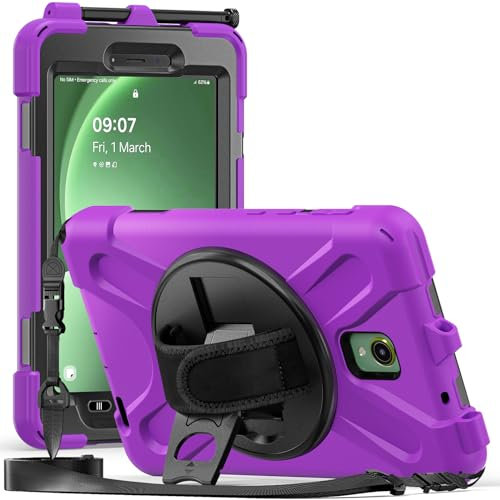 Fonrest Rugged Case for Samsung Galaxy Tab Active5 5G 8'' (SM-X300/X306B 2024)/Active 3 T570/T575 w/ 360° Rotatable Kickstand, Heavy Duty Shockproof Armor Cover w/Hand/Shoulder Strap (Purple)