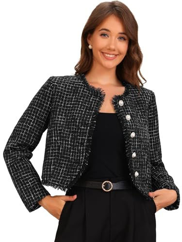 Allegra K Donna Giacca in Tweed Scozzese per Giacche da Lavoro Eleganti con Bottoni Corti E Girocollo Nero S