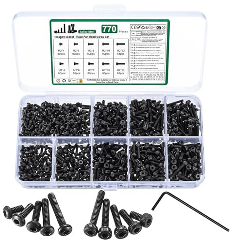 770 Pcs M2 Vis Boulons Set, M3 Vis à Six Pans Creux Boulons à Tête Hexagonale + Vis à Tête Cylindrique à Six Pans Creux, Vis à Tête Hexagonale Assortiment Kit + 2 Clés, Noir