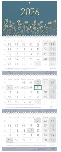 Häfft® 3-Monatskalender 2026 Wandkalender mit Schieber, Ferien DE & AT, Jahresübersicht, Bürokalender Wandplaner Fine Flowers blue - nachhaltig & klimafreundlich
