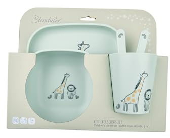 Sterntaler Juego de vajilla de jirafa y león – forma cuadrada con diseño de safari – plato, cuenco, taza y cubiertos, duradero, apto para alimentos, para bebés y niños pequeños, color verde pálido