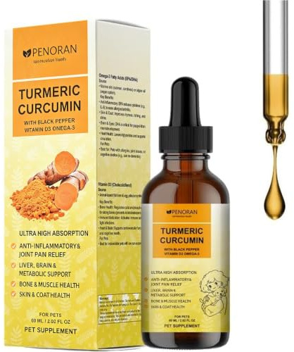 Curcumin- och kurkumadroppar för äldre hundar och arbetshundar: Ledsmobilitet och flexibilitet, återhämtning från smärta, matsmältning, hjärna, lever, ben, muskler, hud, päls – bättre absorption