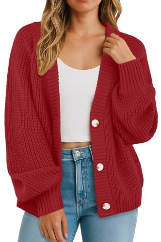 GRECERELLE - Maglioni da donna cardigan a maniche lunghe morbidi, maglioni da donna con collo a V, maglione oversize chunky con bottoni per donna, UK, autunno, inverno, primavera, Rosso, M