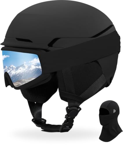 Ski Helmet with Goggles Mask Set,DXH-811 Snowboard Helmet for Adults-with 10 Vents, PC Shell and EPS Foam, Snow Helmets for Men Women Youth (Black, L)