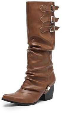 Bottes 2 En 1 Pour Femmes, Convertibles Bottes Hautes Bottines Cuir PU Style Slouchy Avec Talon Bloc Multiples Boucles Bout Pointu Faciles Enfiler Idéales Pour L'automne Et L'hiver,Light brown,36 EU