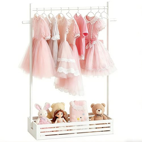 BAMBOOHOMIE Kids Clothing Rack for Toddler, Pets Clothes Rack with Storage Box & Hanging Rod for Dogs/Cats, Baby Clothes Closet Stand for Nursery Room