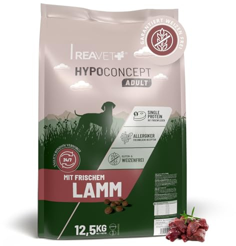 ReaVET HYPOCONCEPT Hundtorrfoder lamm – Enskilt protein med färskt kött I vetefritt och utan socker, torrfoder för alla hundar och raser, även för känsliga hundar och allergivänlig I 12,5 kg