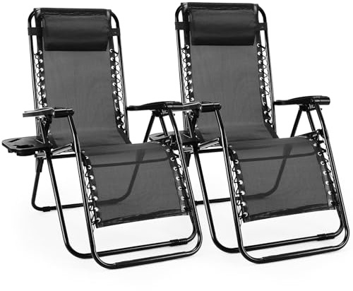 MIMOCASA Pack 2 Tumbonas Jardin Exterior - Tumbona Plegable con Portavasos y Reposacabezas, Reclinable Sillas Jardin Exterior para Jardin, Playa, Piscina y Terraza, Negro