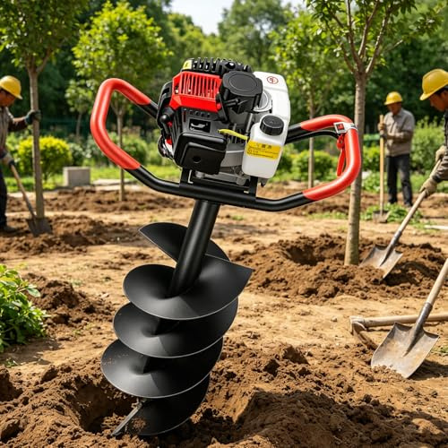 Qiang Ahoyadora Gasolina 199CC 4 Tiempos, Taladro de Mano Portátil con Depósito de Combustible 1200ml,Brocas Resistentes para Suelos Duros y Trabajos al Aire Libre 12cm