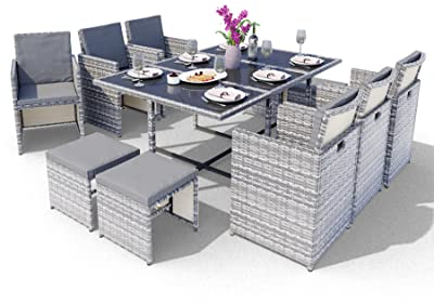 Swing & Harmonie Sitzgruppe Garten - Rattanmöbel Outdoor - Robuste Gartenmöbel - Hochwertige Gartengarnitur - Garten-Essgruppe - Outdoormöbel - Esstisch (11-Teilig, grau)