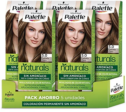Schwarzkopf Palette Naturals - Tinte 5.0 Castaño Claro - Coloración Permanente Sin Amoníaco- Resultados de Color Natural (Pack de 5)