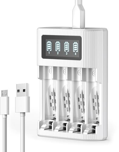 EBL FY-409 LCD Cargador de Pilas para Pilas Recargables AA AAA Ni-MH, Puerto Micro USB/Tipo C & 4 Ranuras Independientes