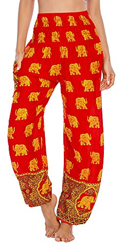 Nuofengkudu Damen Haremshosen High Waist Hippie Muster Pumphosen mit Taschen Leicht Weite Luftige Stoffhose Yogahose Sommerhose Strandhose(Einheitsgröße,W-Z Rot Elefant)