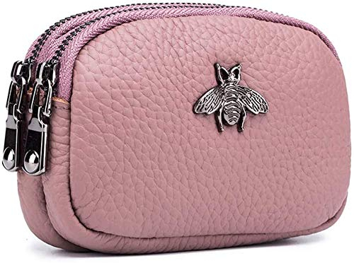 Damen Leder Geldbörse - Doppelreißverschluss Bee Change Pouch Brieftasche Kartenhalter Münztasche Mini Einfache süße Münztasche nützlich für Damen Frauen (Rosa)