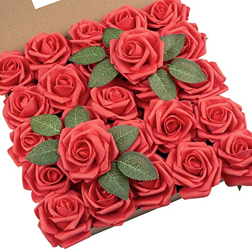 DuHouse Konstgjorda rosor blommor falskt skum rosor huvuden med stjälk, konstgjorda blommor ros för bröllop, hem, fest, baby, dusch, alla hjärtans dag, dekoration (25 stycken, röd)