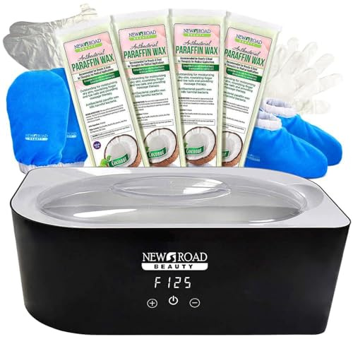 New Road Beauty - Paraffin Wax Machine for Hand and Feet, Paraffin Wax Kit, Quick Heating Touch Screen Paraffin Bath, Blue Terry-Cloth Mitts and Booties, Paraffin Wax for Arthritis, 4-Pack Coconut