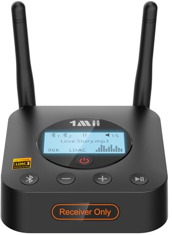 1Mii B06Pro+ Ricevitore Bluetooth HiFi, Adattatore Audio Wireless Bluetooth 5.3 Hi-Res LDAC per Stereo, aptX HD/Bassa Latenza, con Uscita Ottica/AUX, Controllo del Volume, Display LCD, Lungo Raggio