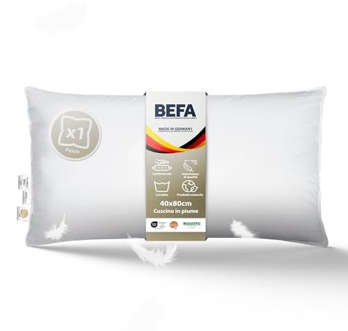 BEFA NATUR - prodotto in Germania, cuscino in piume 40x80 cm con 100% piume, adatto per allergici (Nomite), certificato Öko-Tex 100 Classe 1, standard EN 12934, Downpass