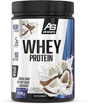 All Stars 100% WHEY PROTEIN 908g I Eiweiß-Pulver mit Whey-Konzentrat & Isolat I leckeres Low-Fat Powder I hochwertiges Protein-Pulver I cremiger Protein-Shake mit Coconut-Flavour