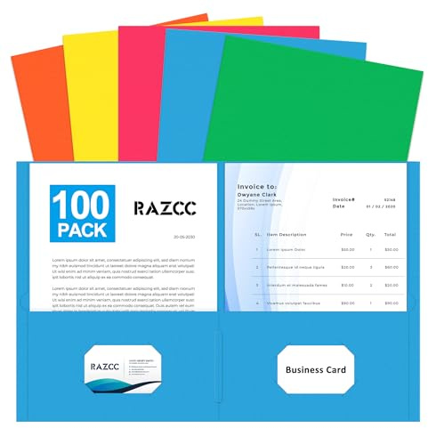 Two Pocket Folders, RAZCC 100 Pack File Folders with Pockets Fit Letter Size Paper, Thick Paper File Folder for School Office Business Home, Assorted 5 Colors