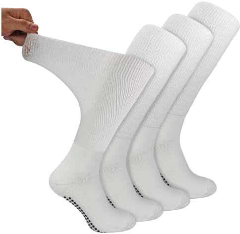 Dr.Socks 4 Paires Chaussettes Diabétiques Antidérapantes | Homme et Femme Chaussettes Longues Sans Elastique Bambou Extra Large Hautes (46-50, Blanc)