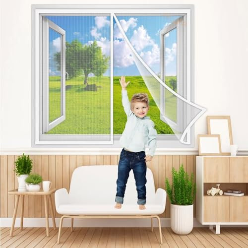 Cortina Mosquitera para Ventana 245x180 cm, Cortina antiinsectos Fácil de ensamblar, Cierre Automático de Arriba a Abajo, Manos libres Blanco, Reforzada
