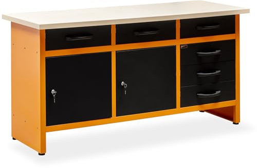 METALLMOBELL - Banco de Trabajo Profesional | 160x60x84cm, Cajones y Armario con Llave, Mesa de Trabajo Taller, Banco de Trabajo Taller, Mesa Trabajo, Banco de Carpintero, Banco Herramientas -MB010N-N