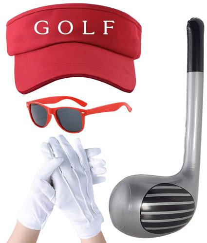 UILYNIU 4 Stück Golf Fasching Kostüm Zubehör, 76 cm Aufblasbare Golfschläger Rot Visor Hüte Handschuhe Sonnenbrille, Karneval Verkleidung Kostüm für Herren Damen Golf Party Kneipen Kleidung (4PCS)