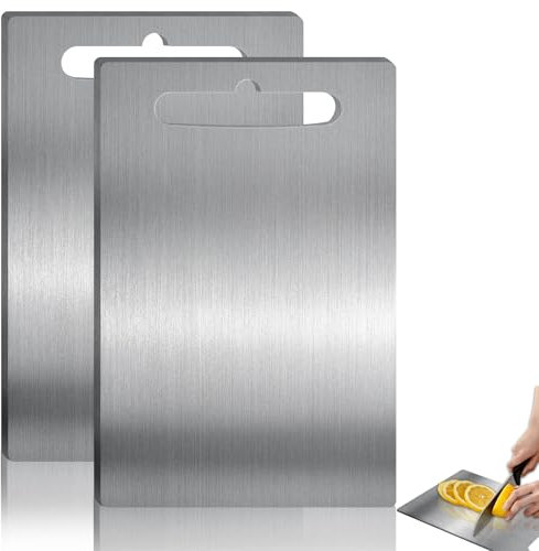 2 Tablas de Cortar de Titanio y Acero Inoxidable, 34 x 23 cm, Placas de Corte Antibacterianas de Doble Cara para Carne, Verduras y Frutas