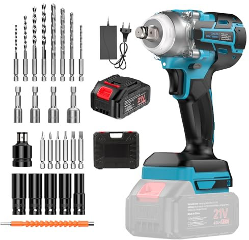 Llave de Impacto a Bateria Inalámbrica Brushless, 1/2 Pistola de Impacto Bateria Taladro de Impacto Electrica Para Cambio de Neumáticos de Camiones y Coches, Batería 4000mAh