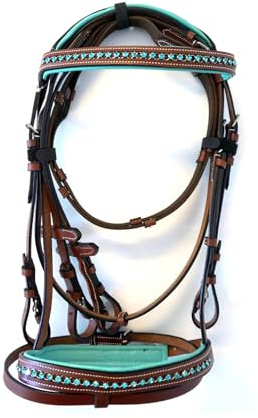 Sazaar Tack Blac Bedazzled ST-012B - Fascia da naso e briglia inglese con cristalli color foglia di tè, con redini per cavallo/Cob/Pony