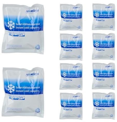 Relaxdays Ghiaccio Istantaneo Termico, 10 Sacchetti HxL: 14,5x12,5 cm, Terapia Freddo, Cuscini Refrigeranti, Blu Bianco, Gel, Plastica