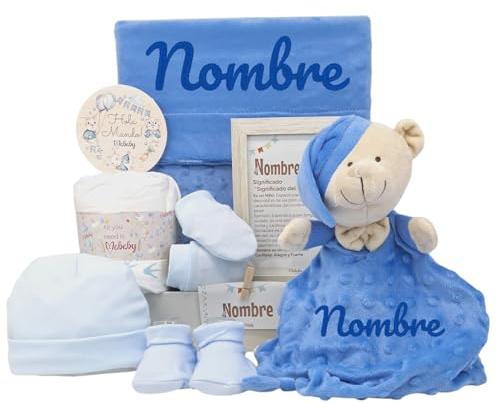 Mababyshop Velvet Canastilla Bebé Personalizada Niño con Manta Burbujas, Dou Dou de Apego y Primera Puesta, Regalo Baby Shower, Añil