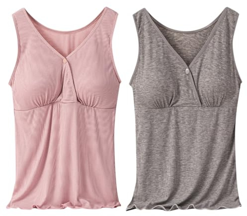 Rainjia 2 Pezzi Canotte Allattamento Donna- Top maternità Scollatura a V con Reggiseno Incorporato - Vestaglie Estate Senza Maniche (Taglie S-XL)