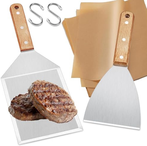 2 PcsSpatule Plancha INOX, Spatule Barbecue, Spatule INOX Cuisine avec Manche en Bois, Spatules à Griller pour Smash Burger Hamburger BBQ Ustensile de Cuisine + 20 Papier à Hamburger, 2 Crochets en S