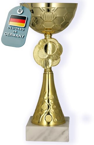 Larius Pokal (20 cm, 245g) – Personalisierbare Trophäe aus Metall mit Steinsockel – Ideal für Turniere, Fußball, Kindergeburtstage, Mannschaften & Auszeichnungen – Modell M2 (ohne Wunschtext, Gold)