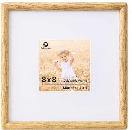 Feihorrm 8x8 Photo Frame, Oak Solid Wood Picture Frames, 20x20 Square Frames, 8x8 Frame Matted to 4x4 Photos, Handcrafted Rounded Corners with HD Tempered Glass, Tabletop & Wall Mount Display