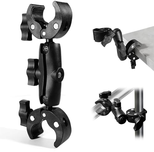 Valyrane Support Double Pince Universel pour Parapluie et Caméra – Support Universel avec Adaptateur 6,35 mm, Ouverture de Pince 38 mm, pour Déambulateur, Poussette et Guidon de Vélo