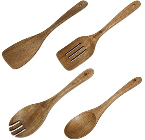 Rebanky 4 Pezzi Posate da Insalata in Legno, Utensili da Cucina in Legno Include Cucchiaio Forchetta Spatola per Insalata, Pasta o Cucina da Ristorante