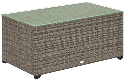Outsunny Table Basse de Jardin, Table d'appoint en résine tressée Aspect rotin avec Plateau en Verre trempé, Cadre en Acier, pour Patio, Balcon, 90 x 50 x 38 cm, Gris foncé