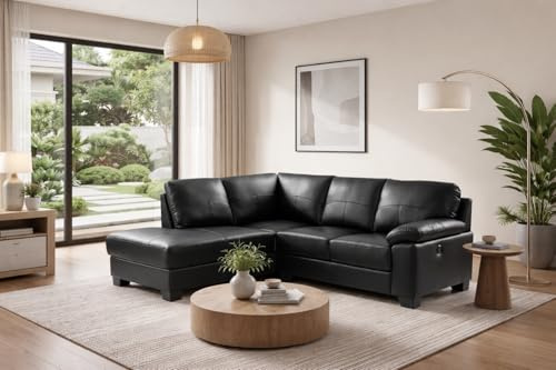 SC Furniture Ltd Black High Grade Genuine Leather Corner Sofa with 2 USB Charging Ports (Left Hand Facing) - BROOKLYN
