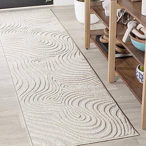 JONATHAN Y Maribo High-Low Abstract Striped Indoor/Outdoor Runner Rug 2x8, Cream/Ivory, Contemporary, Modern, Vintage, Bohemian for Bedroom,Kitchen,Living Room,Non Shedding,Easy-Washing (SCN103A-28)