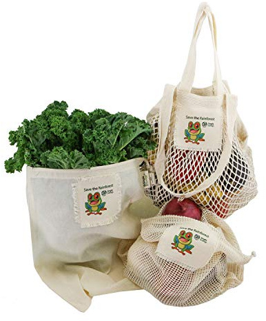 Save the Rainforest Simple Ecology Organic Cotton Reusable Tree Frog Gift & Starter Set (string produce saver bags, food storage, bulk bin, with tare weight tag and drawstring, waste free)