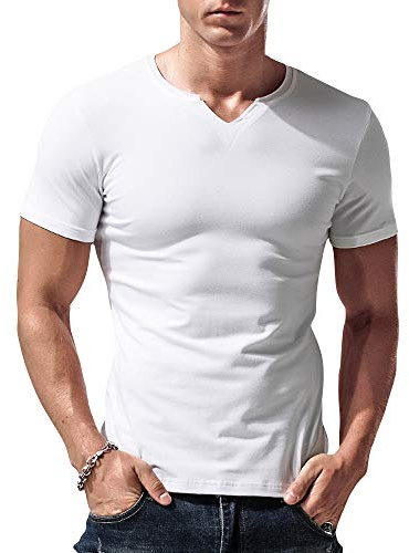 Men Slim Fit Short Sleeve Henley T-Shirt Casual V-Neck Undershirts Cotton White L