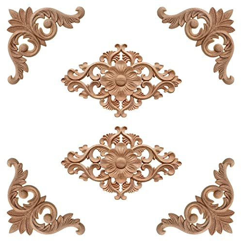 Gotetiso 6 Stücke Holzornamente Wandornamente Holz Geschnitzte Möbel Appliques Ornamente Holz Ecke Onlay Applique Holz Verzierung Unlackiert DIY Möbel Hause Tür Decor