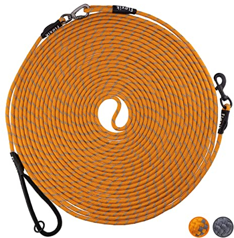 Floxik Schleppleine für Hunde | 5m, 10m, 15m, 20m orange | reflektierende Tauleine mit Abnehmbarer Handschlaufe | auch optimal als Trainingsleine für Welpen geeignet