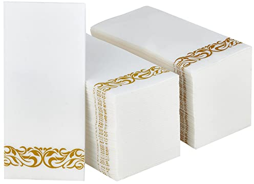 LEKOCH 100 PCS Einweg Servietten Weiß mit Gold Design, Air Laid Stoffähnlich Servietten Für Hochzeit Premium QUALITÄT, 43x30 cm