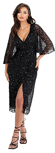Maya Deluxe Damen Womens Midi Dress Ladies Sequin Embellished Cape Sleeve Wrap for Wedding Guest Bridesmaid Cocktail Prom Evening Kleid, Schwarz, 40 EU