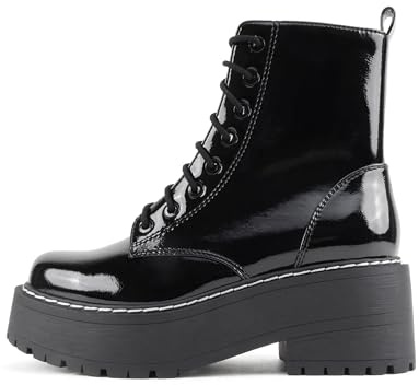 Soda FLING Women Chunky Lug Sole Lace up Fashion Combat Ankle Boot w/Side Zipper (Black Patent, WIDE 8.5)