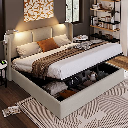 FEZTOY Polsterbett 140x200cm, Doppelbett mit Stauraum, Bettgestell Bett mit Hydraulisch/USB Ladefunktion/Leselicht Kopfteil-Jugendbett, ohne Matratze (Beige-140x200)